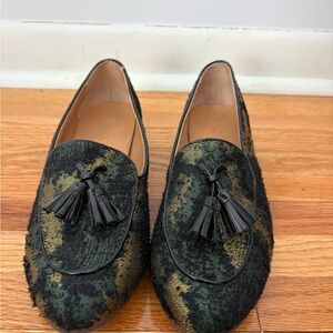 J. Crew Factory Green and Gold Tassel Loafers
